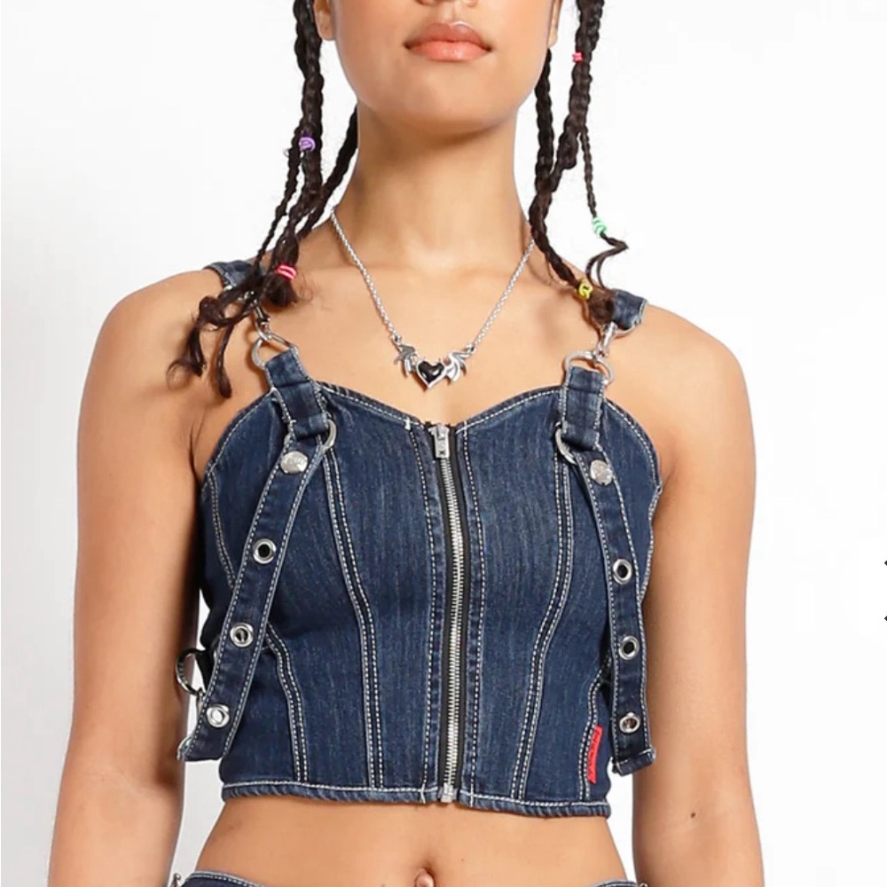 Denim Front Zip Corset Top